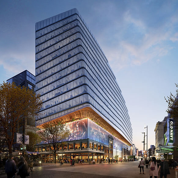 Rendering showing the 800 Granville project from the corner of Robson Street and Granville Street